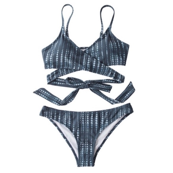 Cupshe NWT Criss Cross Wrap Swimsuit Padding Navy Bubble Print Bikini Set - Picture 4 of 15